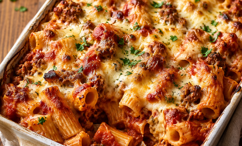 Baked sausage rigatoni with tomato sauce, mozzarella, Parmesan, and browned Italian sausage in a casserole dish.