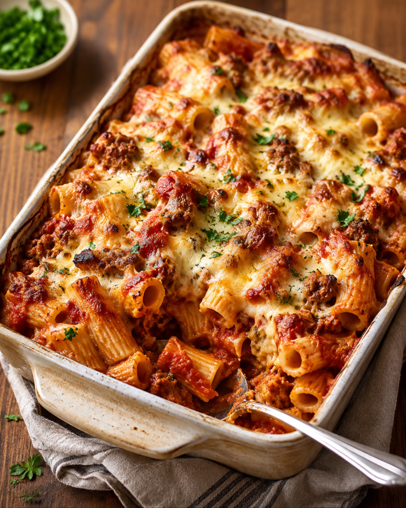 Baked sausage rigatoni with tomato sauce, mozzarella, Parmesan, and browned Italian sausage in a casserole dish.
