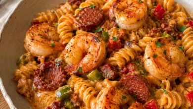 Creamy chipotle shrimp and chorizo rotini pasta with peppers and parsley in a shallow bowl
