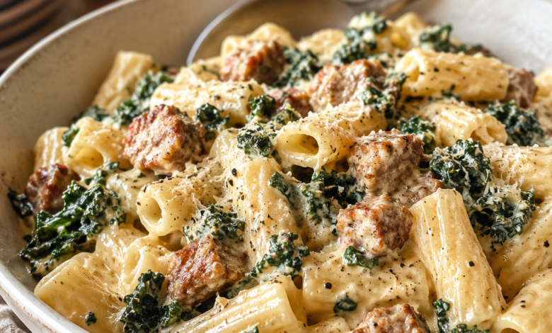 Creamy kale pasta with Italian sausage and rigatoni in Parmesan cream sauce.