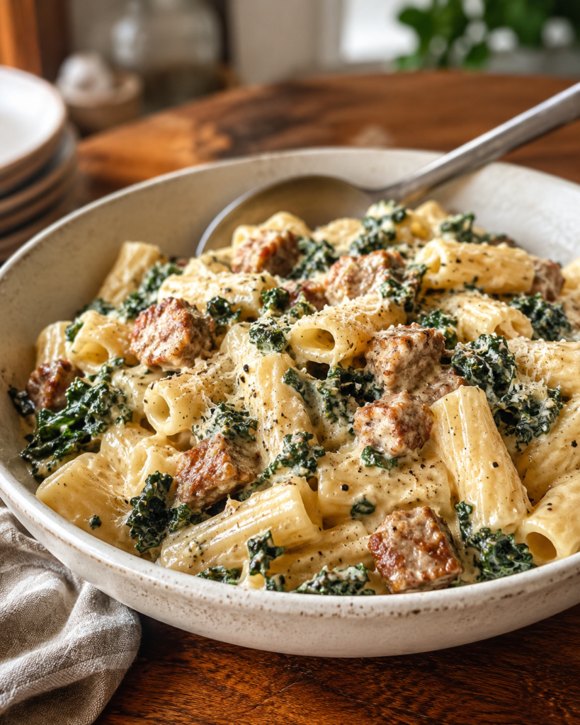 Creamy kale pasta with Italian sausage and rigatoni in Parmesan cream sauce.