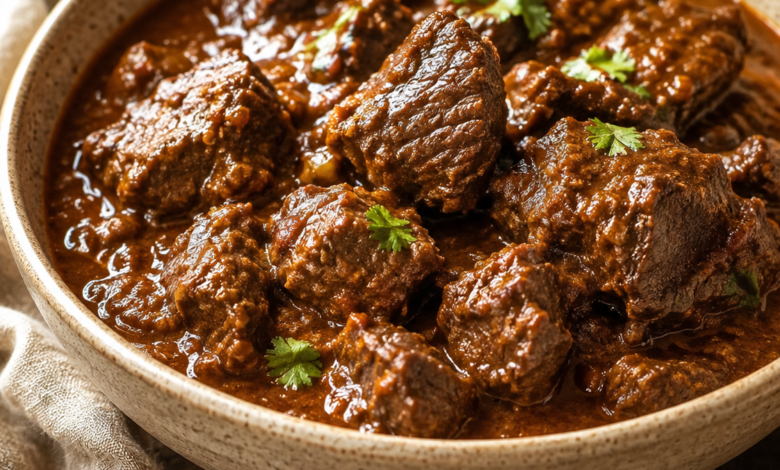 Homemade beef curry with tender beef chunks in rich reddish-brown curry gravy.