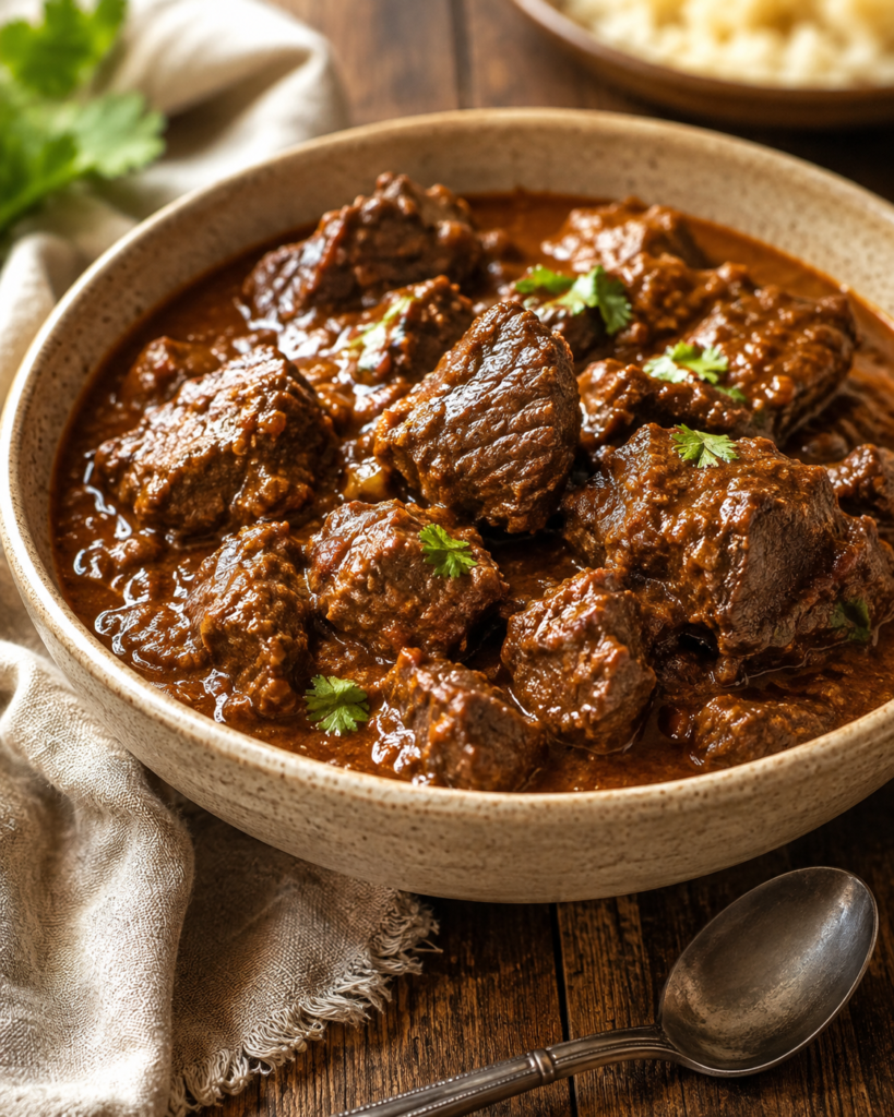 Homemade beef curry with tender beef chunks in rich reddish-brown curry gravy.