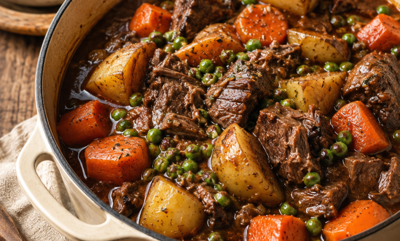 Homemade beef stew with tender beef, potatoes, carrots, peas, and rich brown gravy served in a rustic Dutch oven.