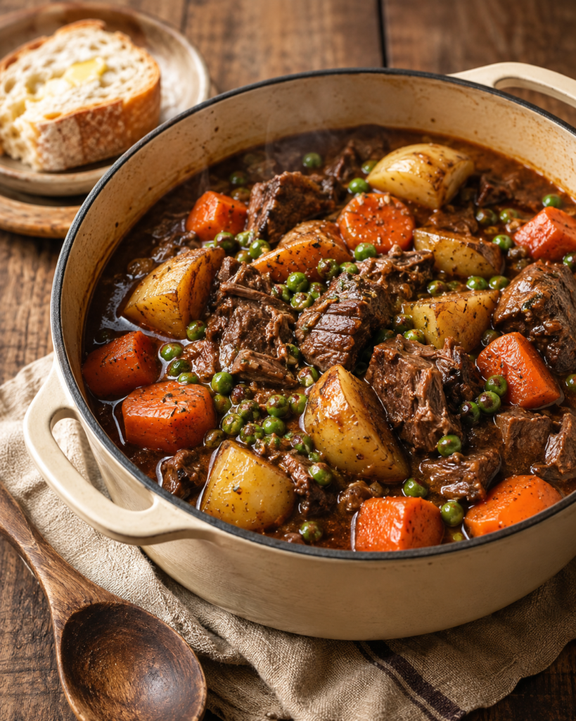 Homemade beef stew with tender beef, potatoes, carrots, peas, and rich brown gravy served in a rustic Dutch oven.