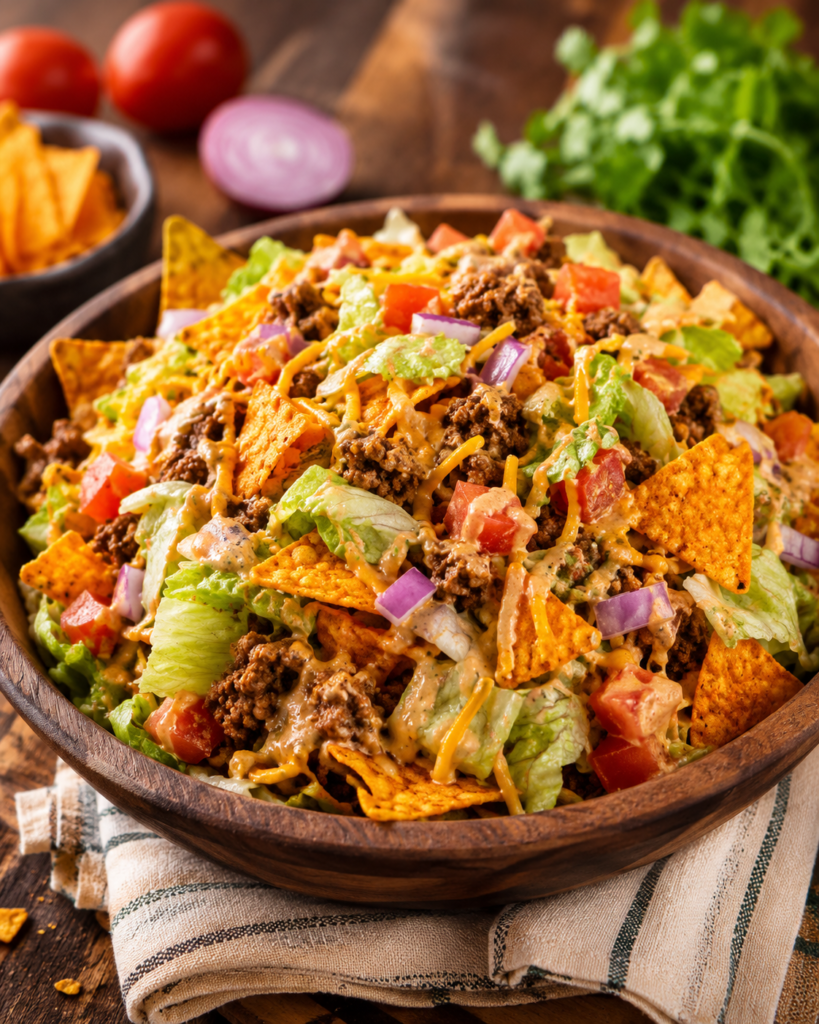 A large bowl filled with taco salad made from romaine lettuce, seasoned ground beef, diced tomatoes, shredded cheddar cheese, chopped red onion, creamy dressing, and crunchy Doritos.