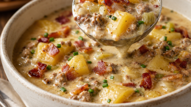 Creamy slow cooker potato bacon soup with Yukon Gold potatoes, crispy bacon, cheddar cheese, and ground beef served in a rustic bowl.