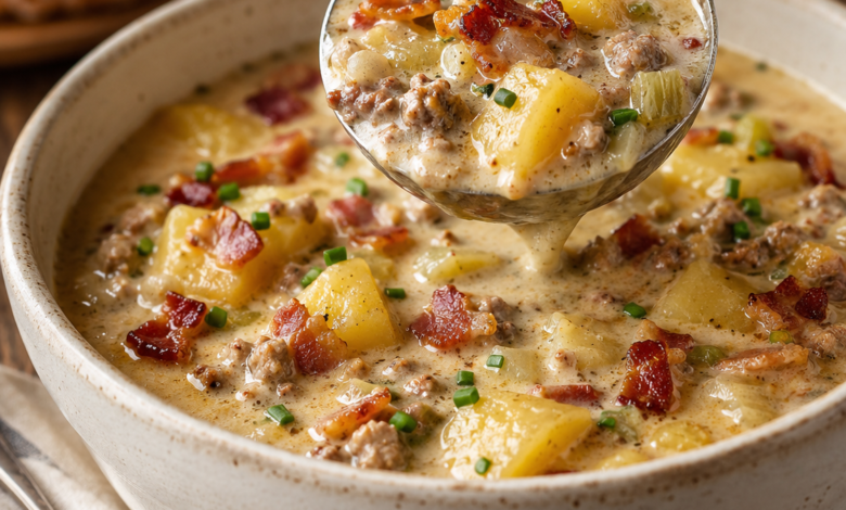 Creamy slow cooker potato bacon soup with Yukon Gold potatoes, crispy bacon, cheddar cheese, and ground beef served in a rustic bowl.