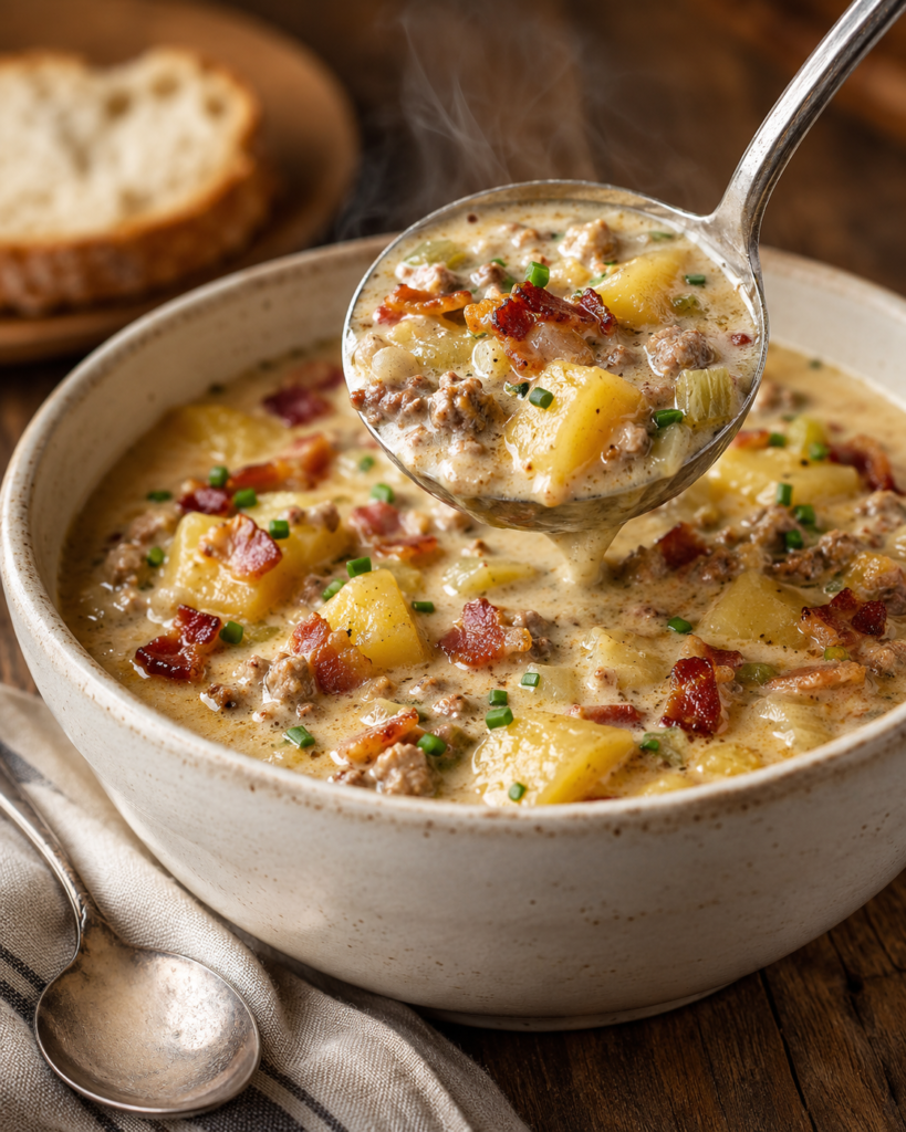 Creamy slow cooker potato bacon soup with Yukon Gold potatoes, crispy bacon, cheddar cheese, and ground beef served in a rustic bowl.