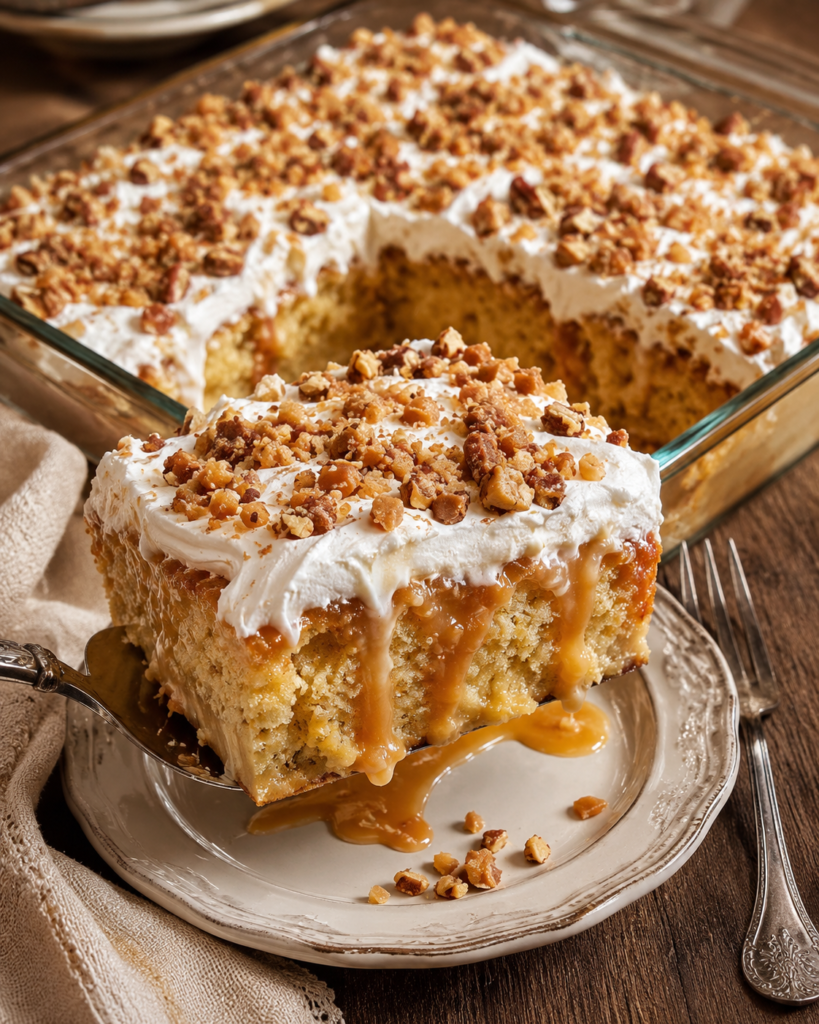 Ultra-moist homemade Toffee Butterscotch Poke Cake topped with whipped cream, chopped toffee bits, toasted pecans, and rich butterscotch sauce.