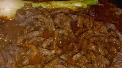 Beef Chile Rojo with tender beef strips in a rich red chile sauce, garnished with green onions, perfect for a hearty meal