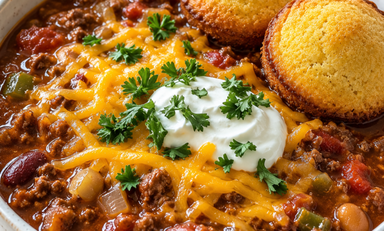 Hearty beef chili with beans, shredded cheddar, sour cream, fresh parsley, and golden cornbread halves in a ceramic bowl.