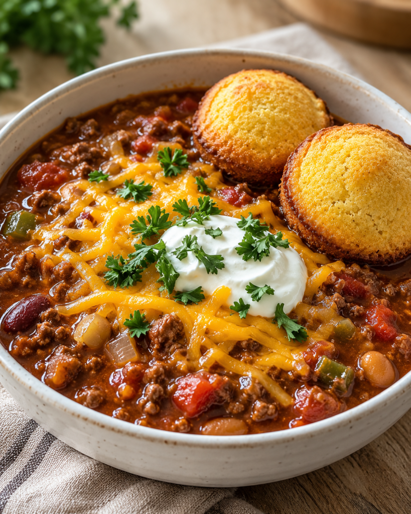 Make beef chili with cornbread muffins, hearty beans, melted cheddar, and sour cream. A cozy homemade dinner with easy steps and rich, savory flavor.