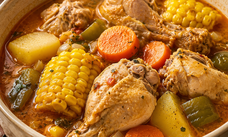 Homemade chicken souse with bone-in chicken, corn, potatoes, carrots and green bell pepper in seasoned broth.