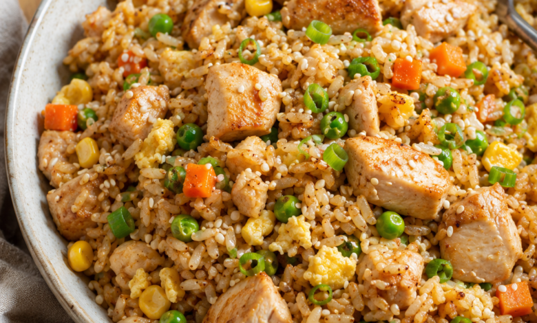Homemade chicken fried rice with chicken, egg, peas, carrots, corn, green onions, and sesame seeds.