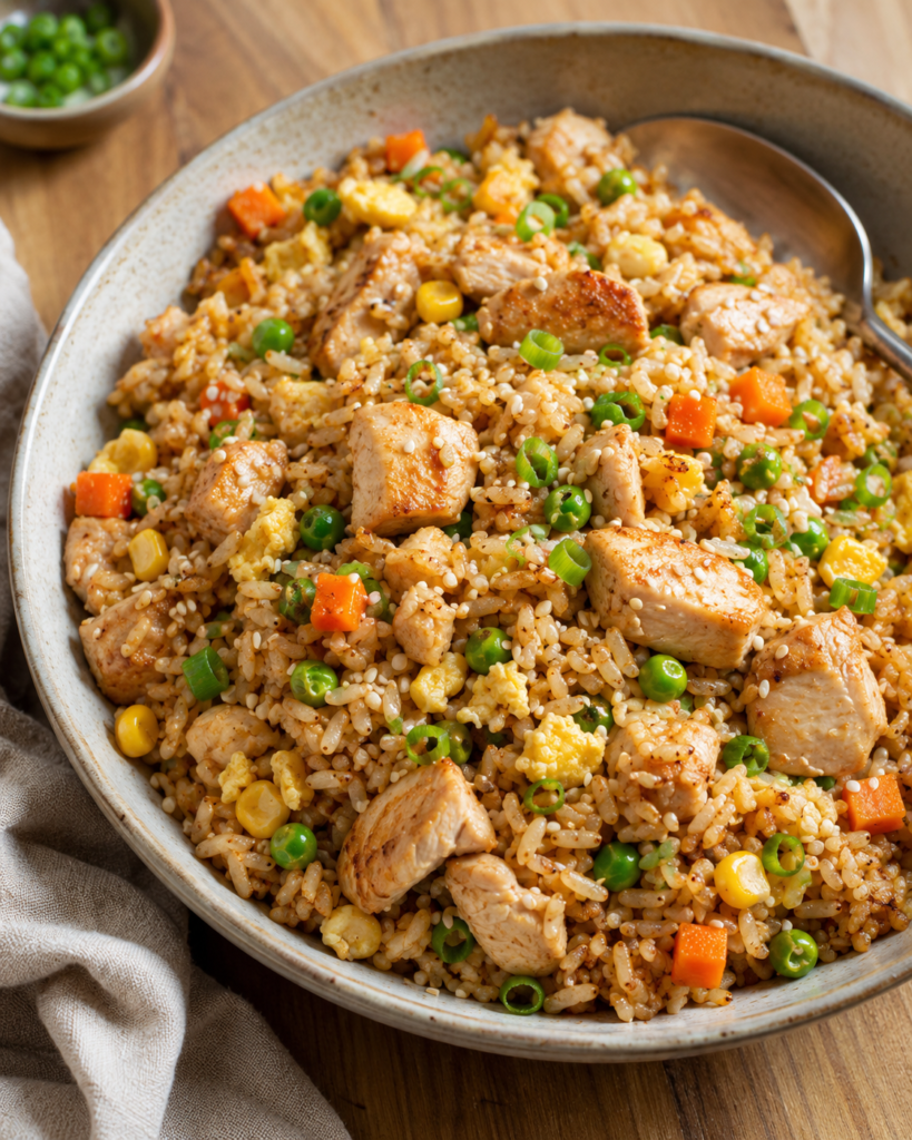 Homemade chicken fried rice with chicken, egg, peas, carrots, corn, green onions, and sesame seeds.
