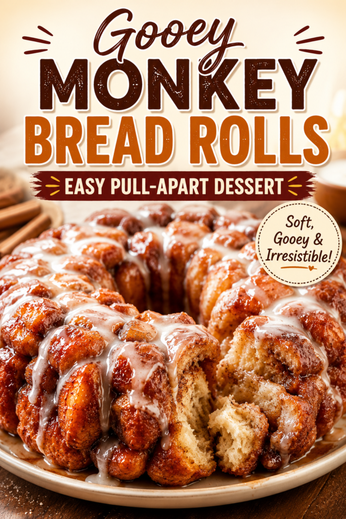 Gooey monkey bread cinnamon rolls topped with sweet icing and cinnamon sugar glaze