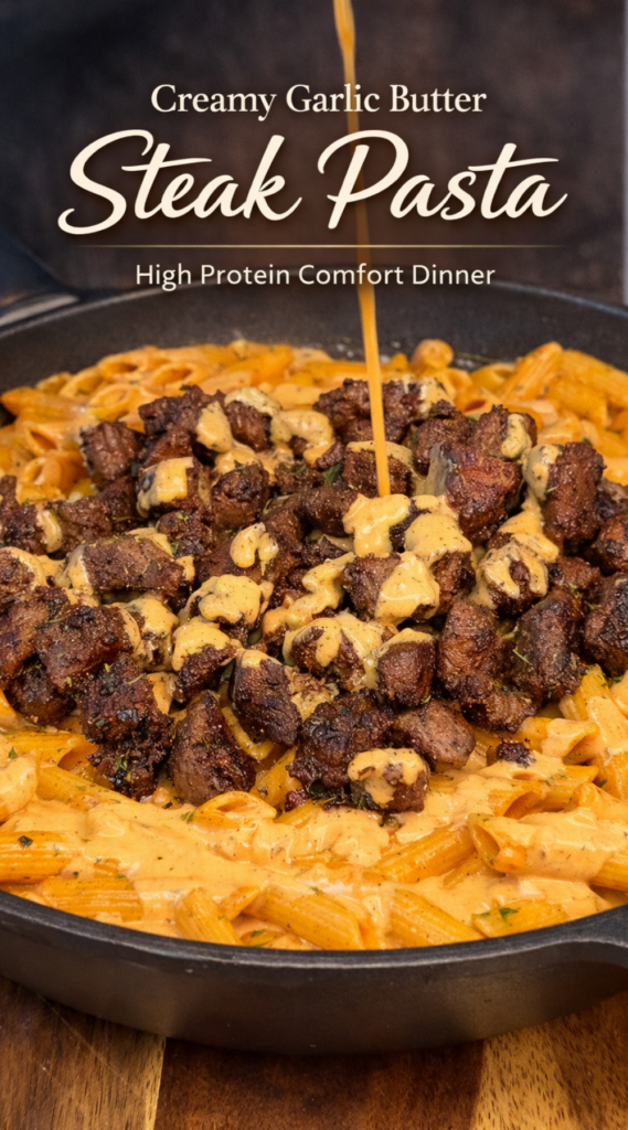 Creamy Garlic Butter Steak Pasta – High Protein Comfort Food Dinner Recipe