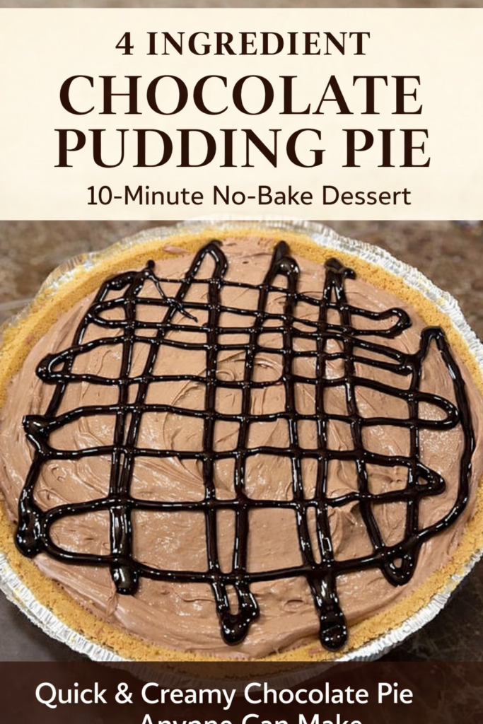 Easy 4 ingredient chocolate pudding pie with Cool Whip filling and chocolate syrup drizzle in graham cracker crust