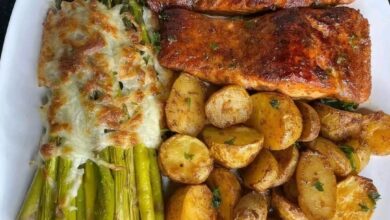 Baked Salmon with Roasted Potatoes and Cheesy Asparagus