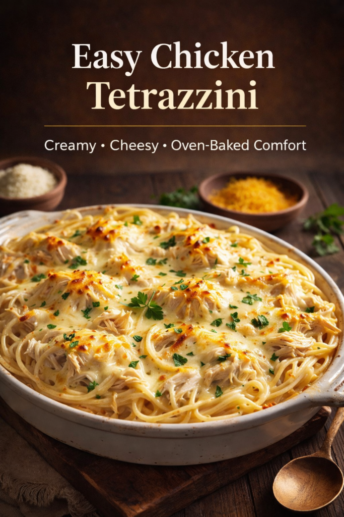 Easy Chicken Tetrazzini Recipe (Creamy & Cheesy Pasta Bake)