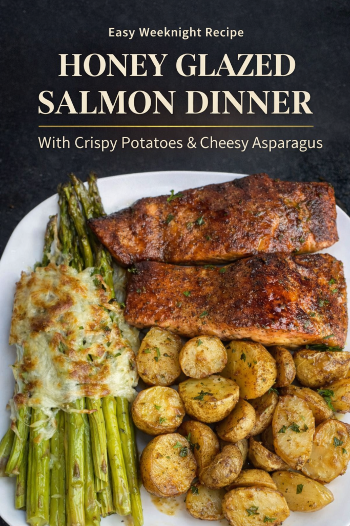 Honey Glazed Salmon with Roasted Potatoes & Cheesy Asparagus