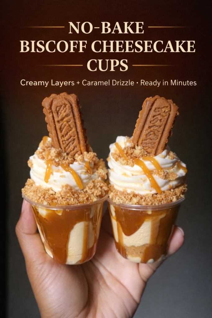No-Bake Biscoff Cheesecake Cups with Caramel Drizzle