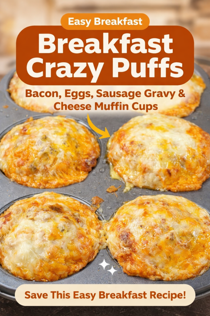 Cheesy breakfast crazy puffs baked in a muffin tin with bacon eggs sausage gravy and melted cheddar cheese.