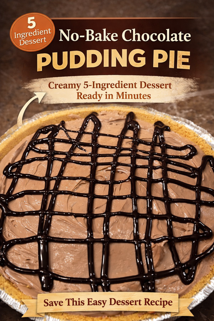 Creamy no-bake chocolate pudding pie topped with chocolate syrup drizzle in a graham cracker crust.