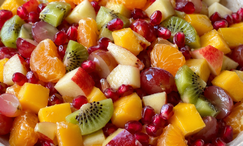 Easy winter fruit salad with mandarin oranges, mango, kiwi, apples, red grapes, and pomegranate arils
