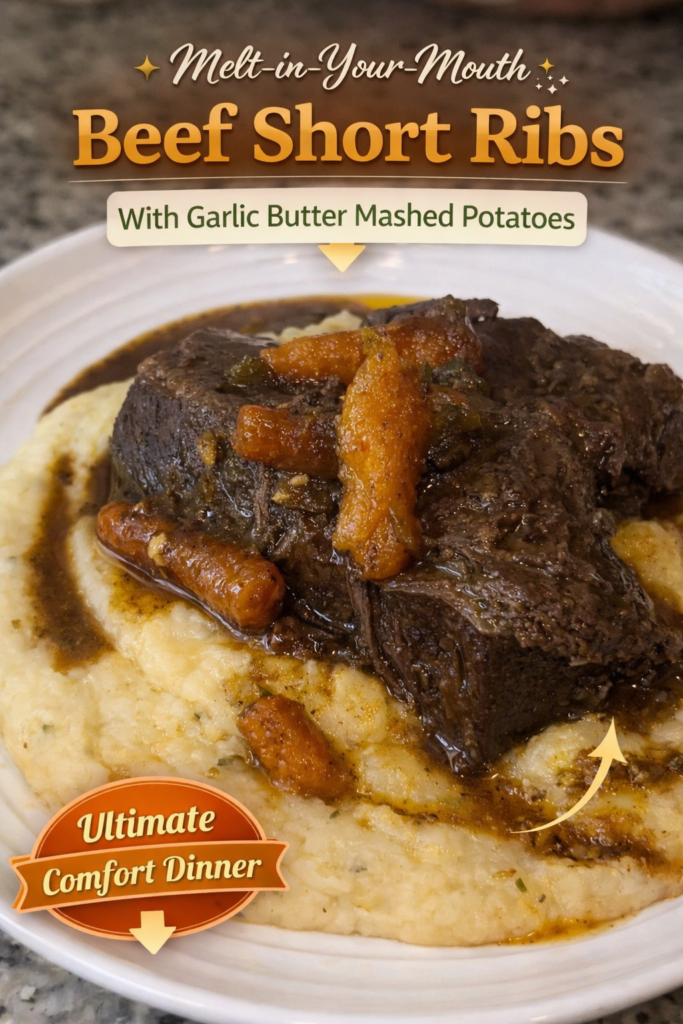 Slow braised beef short ribs served over creamy garlic butter mashed potatoes with rich gravy and carrots.