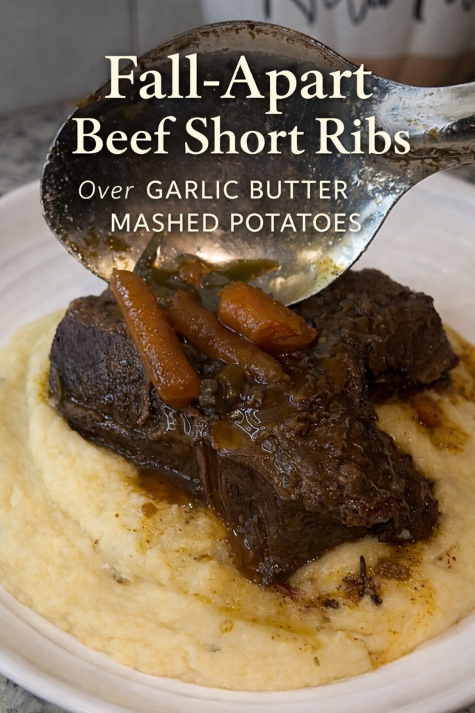 braised fall apart beef short ribs served over garlic butter mashed potatoes with gravy and carrots