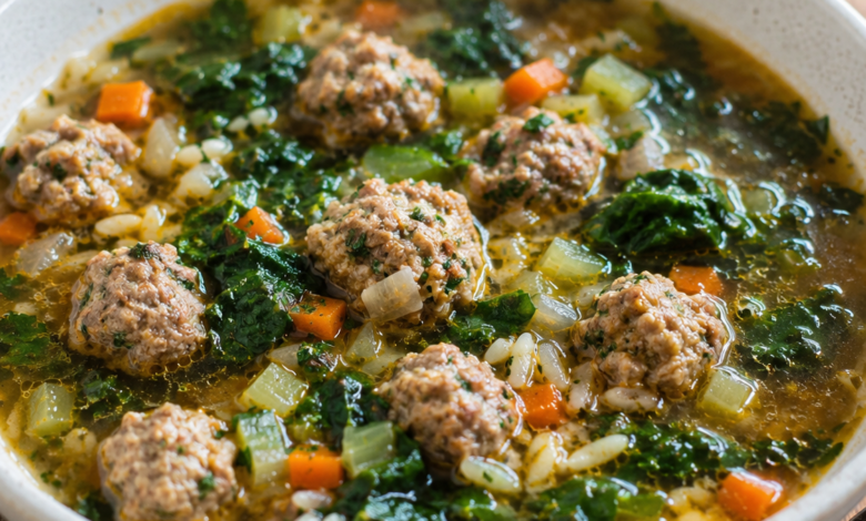 Homemade Italian wedding soup with mini meatballs, orzo, kale, carrots, celery, and onion in golden broth