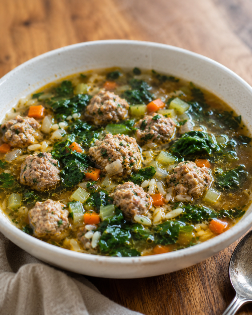 Homemade Italian wedding soup with mini meatballs, orzo, kale, carrots, celery, and onion in golden broth