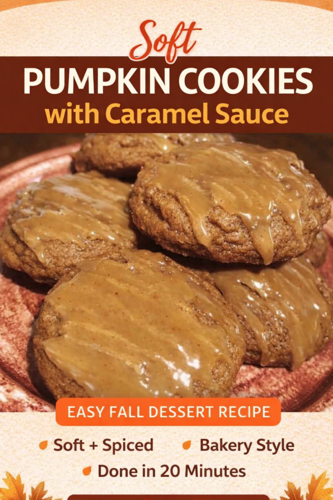 Soft homemade pumpkin cookies topped with warm caramel sauce drizzle on a rustic plate