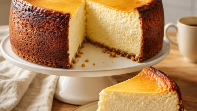 Tall homemade New York Style Cream Cheese Cheesecake with a golden baked top, buttery graham cracker crust, and a rich, creamy slice served on a white cake stand.