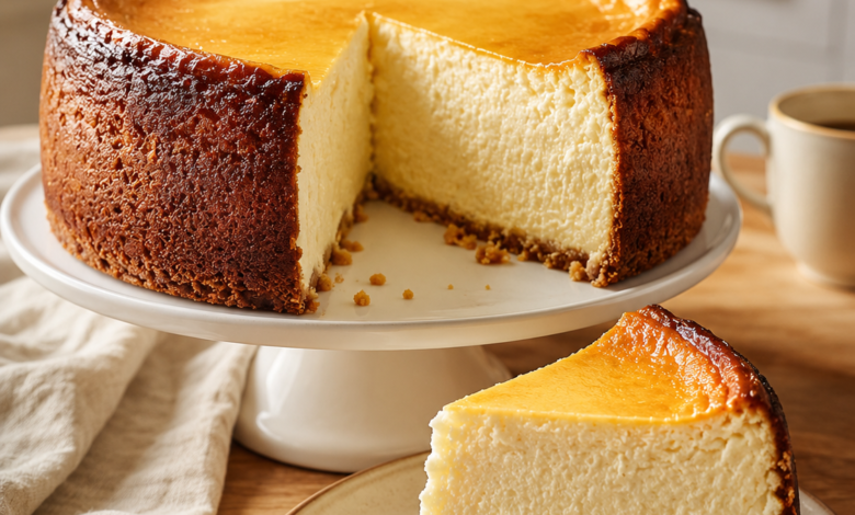 Tall homemade New York Style Cream Cheese Cheesecake with a golden baked top, buttery graham cracker crust, and a rich, creamy slice served on a white cake stand.