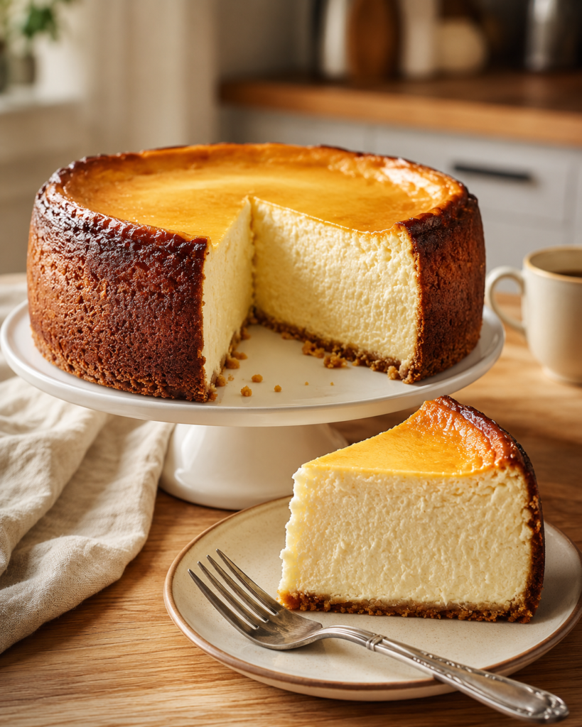 Tall homemade New York Style Cream Cheese Cheesecake with a golden baked top, buttery graham cracker crust, and a rich, creamy slice served on a white cake stand.