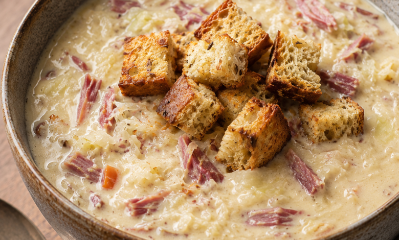 Creamy Reuben soup with corned beef, sauerkraut, Swiss cheese, and golden rye croutons in a stoneware bowl