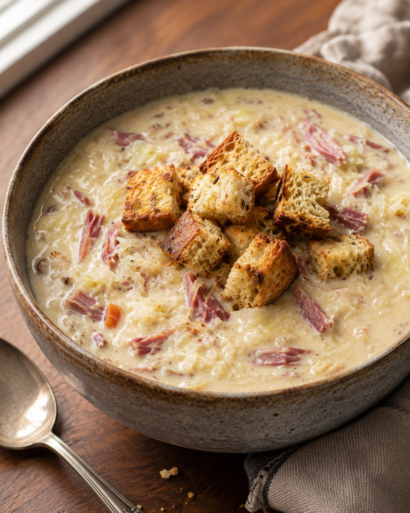 Creamy Reuben soup with corned beef, sauerkraut, Swiss cheese, and golden rye croutons in a stoneware bowl