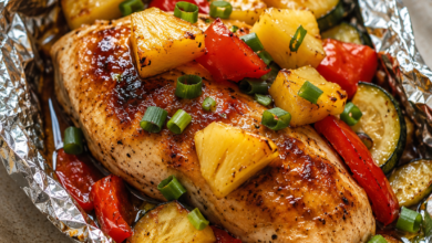 Teriyaki chicken and pineapple foil packet with red bell pepper, zucchini, and sliced green onions.