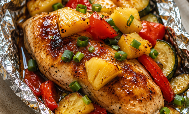 Teriyaki chicken and pineapple foil packet with red bell pepper, zucchini, and sliced green onions.