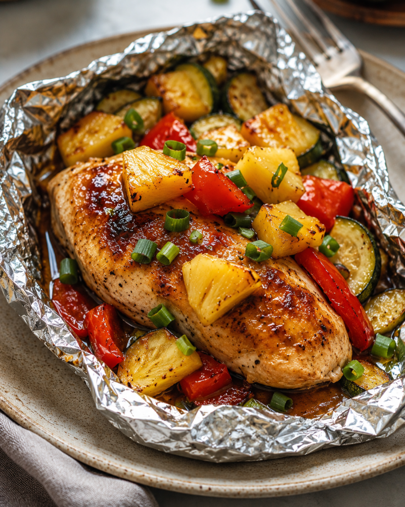 Teriyaki chicken and pineapple foil packet with red bell pepper, zucchini, and sliced green onions.