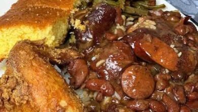 Red Beans with Sausage, Rice, String Beans, Fried Chicken & Cornbread
