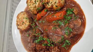 Slow Cooked Guinness Beef Stew with Mustard Herb Dumplings