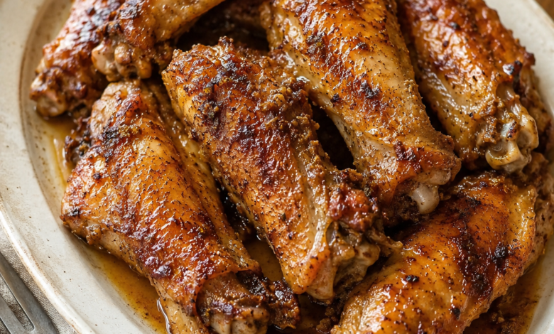 Oven-baked turkey wings with browned seasoned skin and savory pan gravy on a stoneware serving platter.
