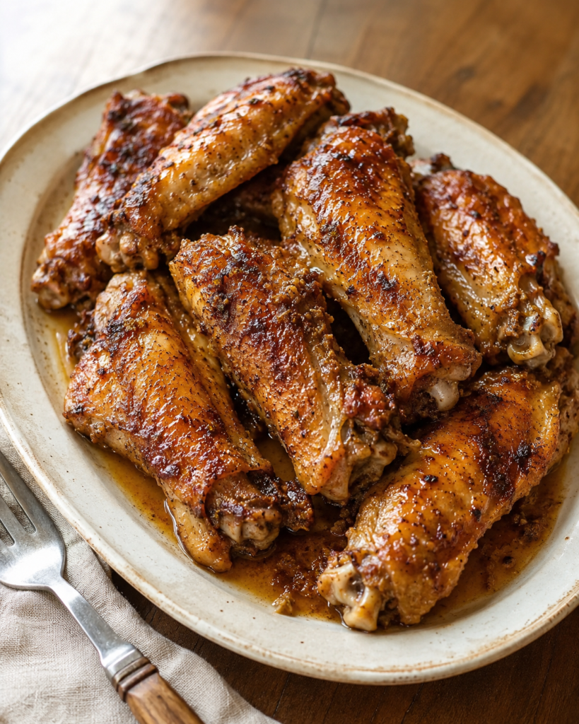 Oven-baked turkey wings with browned seasoned skin and savory pan gravy on a stoneware serving platter.