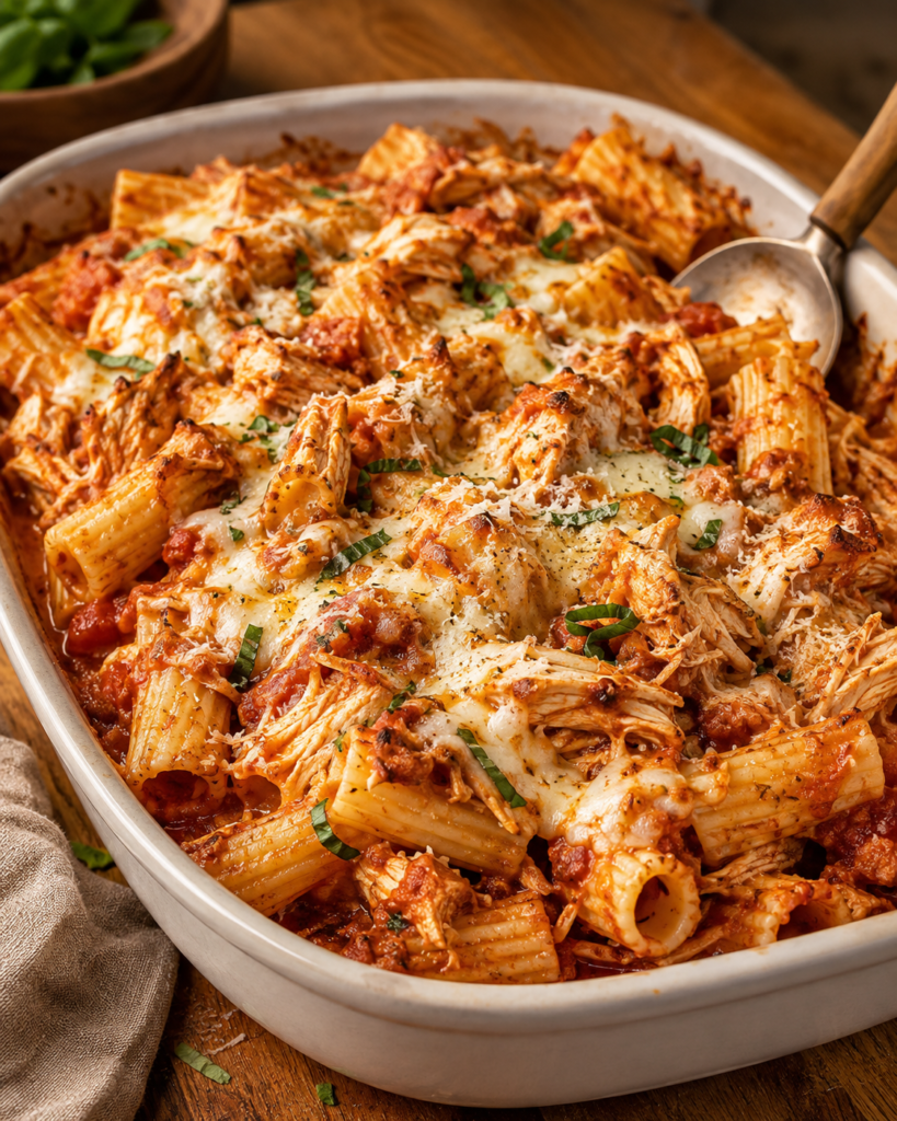 Crockpot chicken Parmesan pasta with rigatoni, shredded chicken, marinara, melted mozzarella and Parmesan.