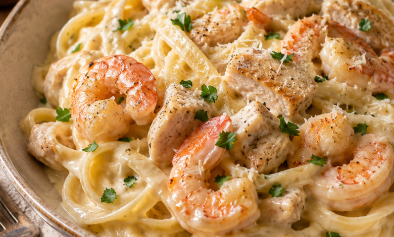 Creamy shrimp and chicken fettuccine Alfredo served in a rustic ceramic bowl with Parmesan and fresh parsley.