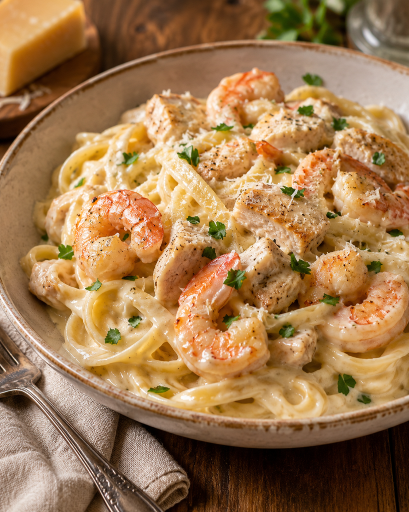 Creamy shrimp and chicken fettuccine Alfredo served in a rustic ceramic bowl with Parmesan and fresh parsley.